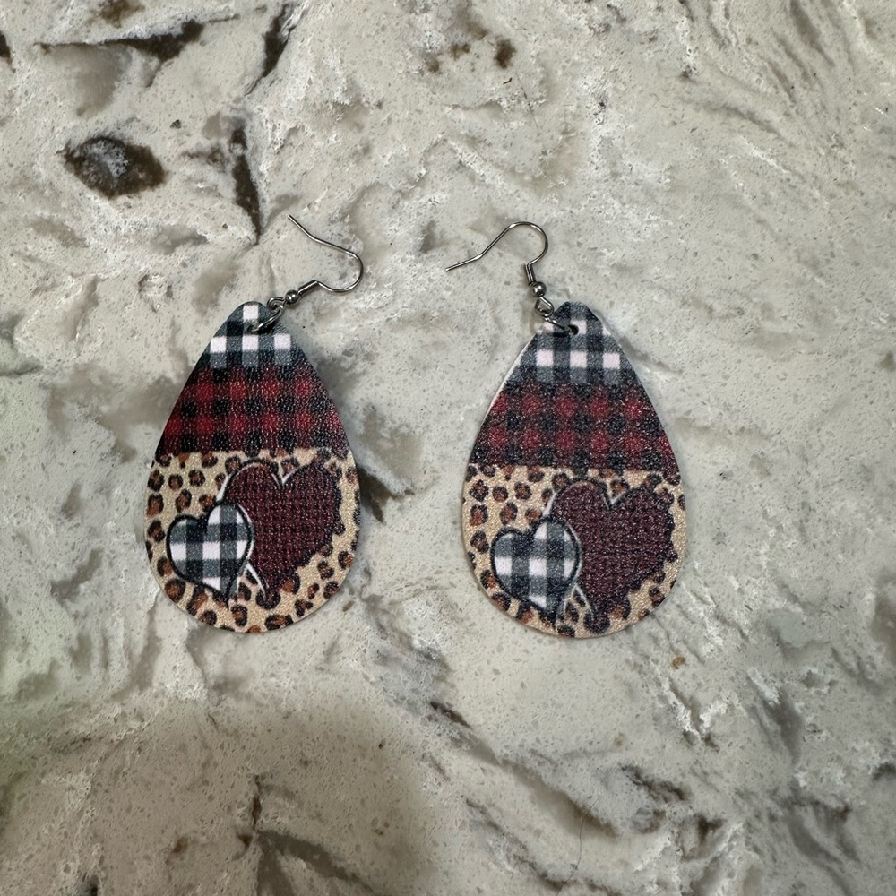 Red, Buffalo plaid & Leopard print Oval Earrings